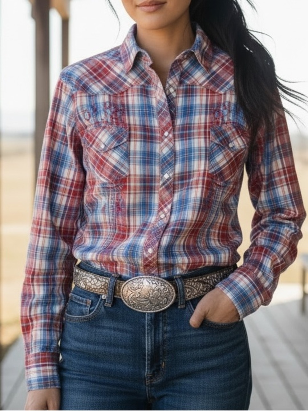 Panhandle Red & Blue Plaid Pearl Snap Button-Up Embroidered Shirt
